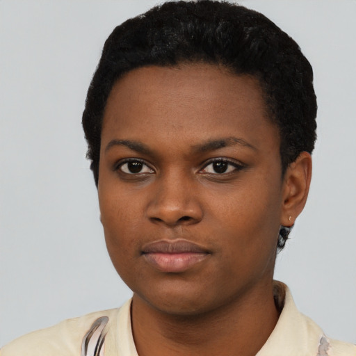 Neutral black young-adult female with short  black hair and brown eyes