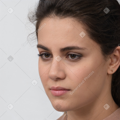 Neutral white young-adult female with long  brown hair and brown eyes