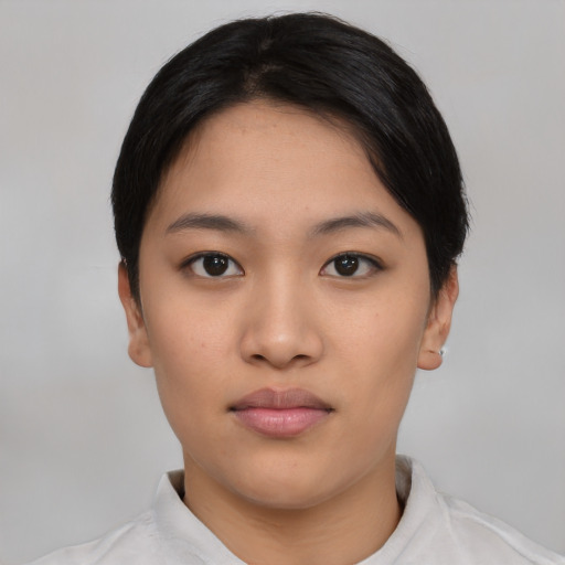 Neutral asian young-adult female with short  black hair and brown eyes