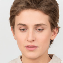 Neutral white young-adult female with short  brown hair and brown eyes