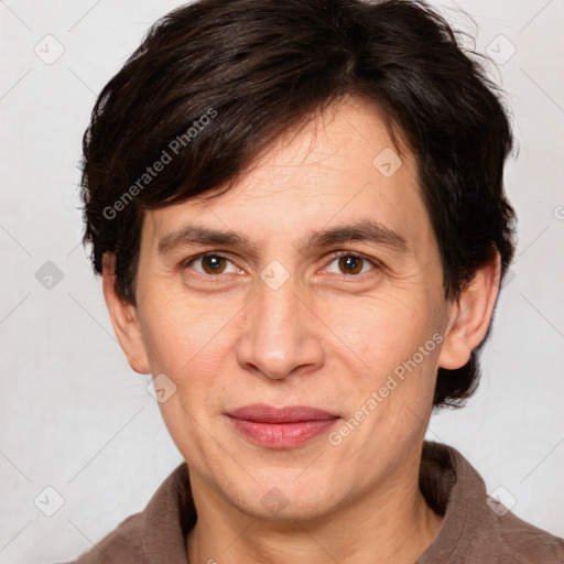 Joyful white adult male with medium  brown hair and brown eyes