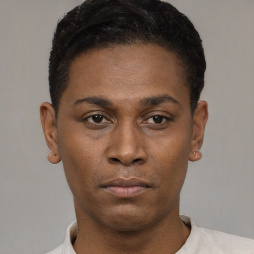Neutral black young-adult male with short  black hair and brown eyes