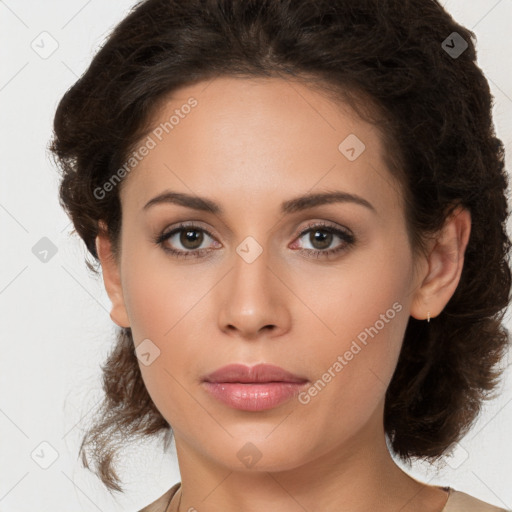 Neutral white young-adult female with medium  brown hair and brown eyes