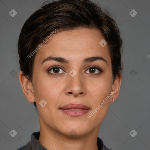 Joyful white young-adult female with short  brown hair and brown eyes