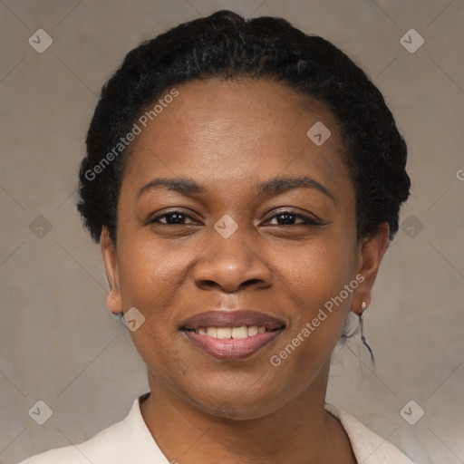 Joyful black adult female with short  black hair and brown eyes