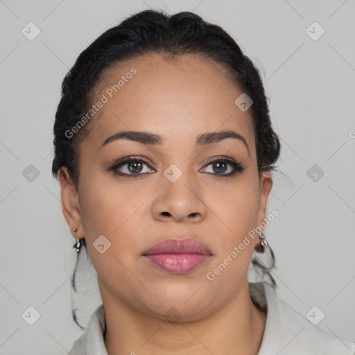 Joyful latino young-adult female with short  brown hair and brown eyes