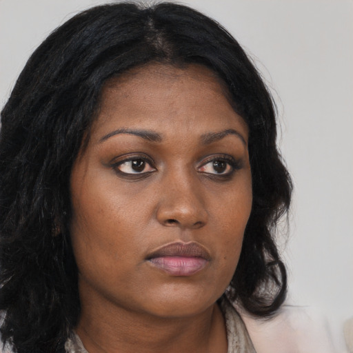Neutral asian young-adult female with long  brown hair and brown eyes