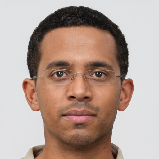 Neutral black young-adult male with short  black hair and brown eyes