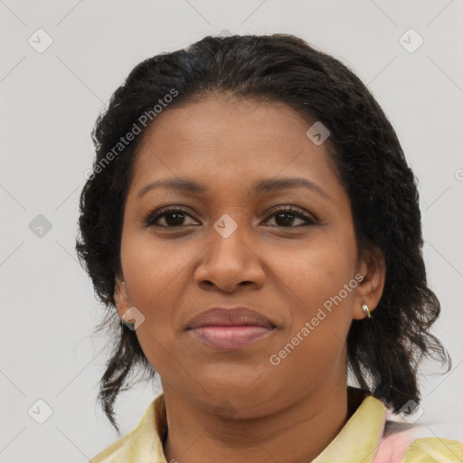Joyful black young-adult female with medium  brown hair and brown eyes