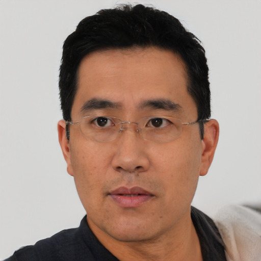 Neutral asian adult male with short  black hair and brown eyes
