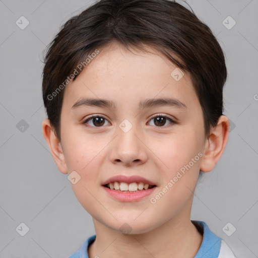 Joyful white child female with short  brown hair and brown eyes