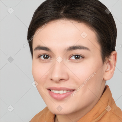 Joyful white young-adult female with short  brown hair and brown eyes