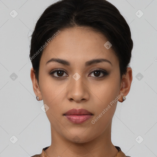 Neutral latino young-adult female with short  brown hair and brown eyes