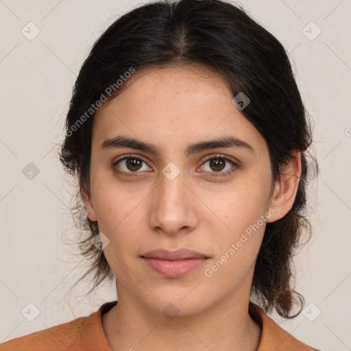 Neutral white young-adult female with medium  brown hair and brown eyes