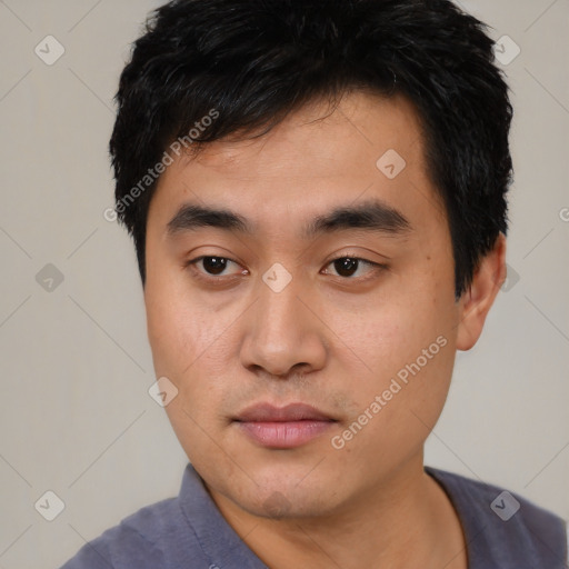 Neutral asian young-adult male with short  black hair and brown eyes