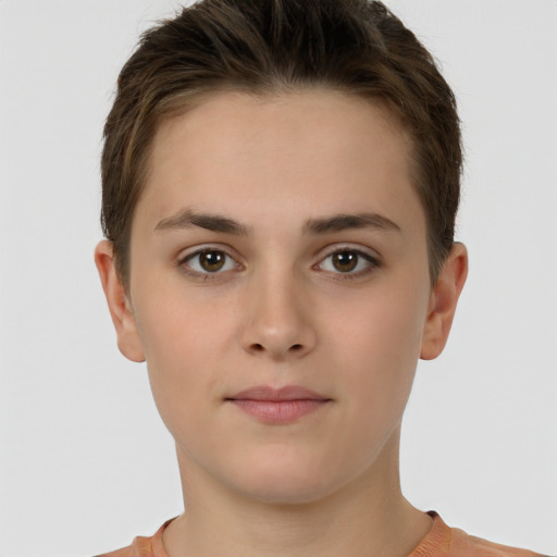 Neutral white young-adult female with short  brown hair and brown eyes