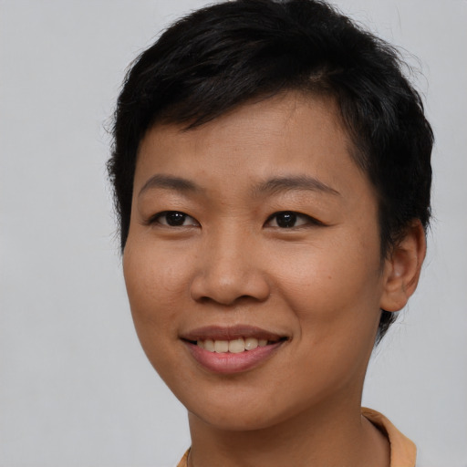 Joyful asian young-adult female with short  brown hair and brown eyes