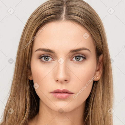 Neutral white young-adult female with long  brown hair and brown eyes