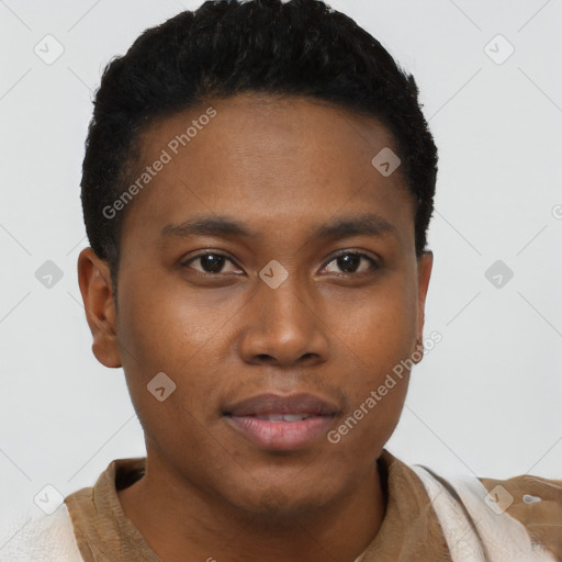Neutral black young-adult male with short  brown hair and brown eyes