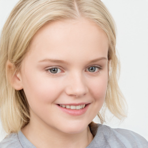 Joyful white child female with medium  blond hair and blue eyes