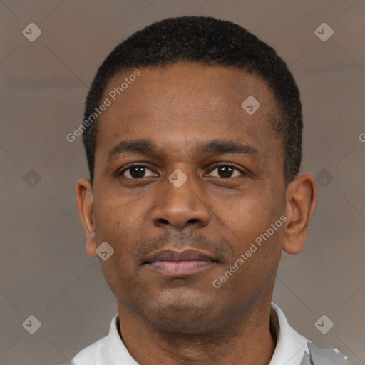 Neutral black young-adult male with short  black hair and brown eyes