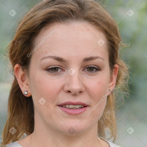 Joyful white young-adult female with medium  brown hair and blue eyes