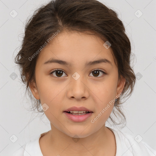 Joyful white child female with medium  brown hair and brown eyes