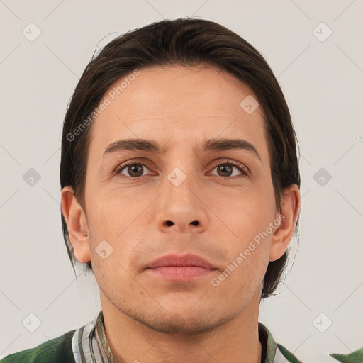 Neutral white young-adult male with short  brown hair and brown eyes