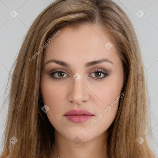 Neutral white young-adult female with long  brown hair and brown eyes