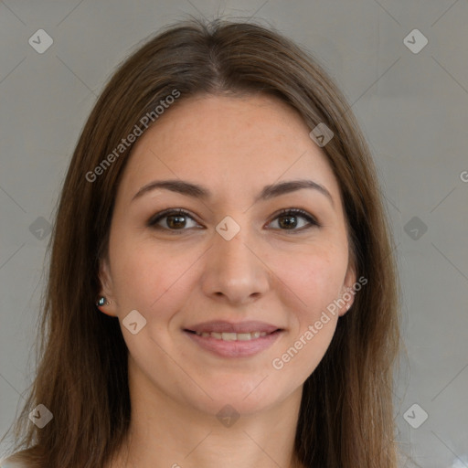 Joyful white young-adult female with long  brown hair and brown eyes