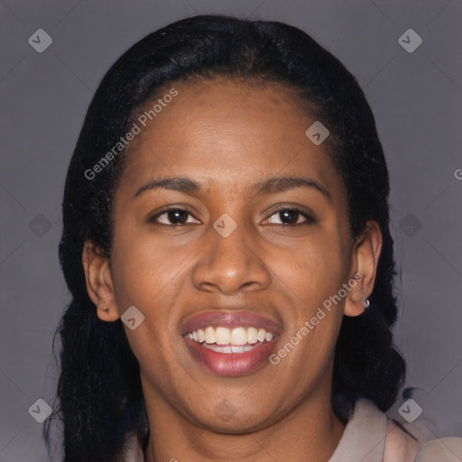 Joyful latino young-adult female with medium  black hair and brown eyes