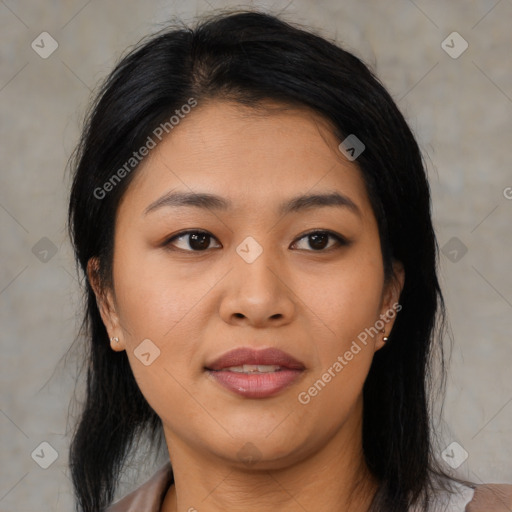 Joyful asian young-adult female with medium  brown hair and brown eyes