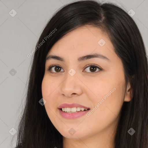 Joyful asian young-adult female with long  brown hair and brown eyes