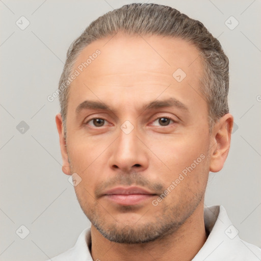 Neutral white adult male with short  brown hair and brown eyes