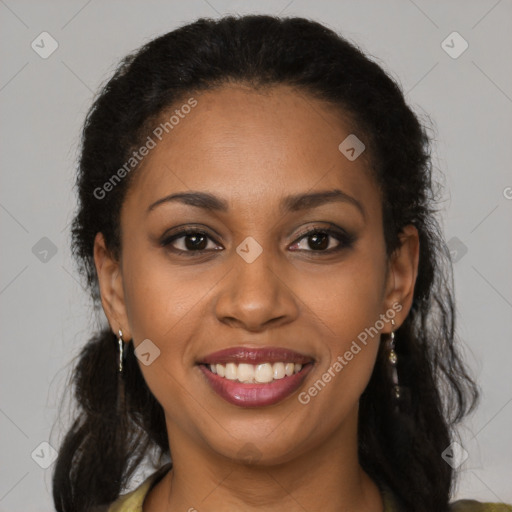 Joyful black young-adult female with medium  brown hair and brown eyes