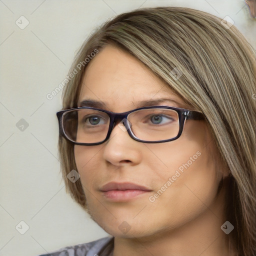 Neutral white young-adult female with medium  brown hair and blue eyes