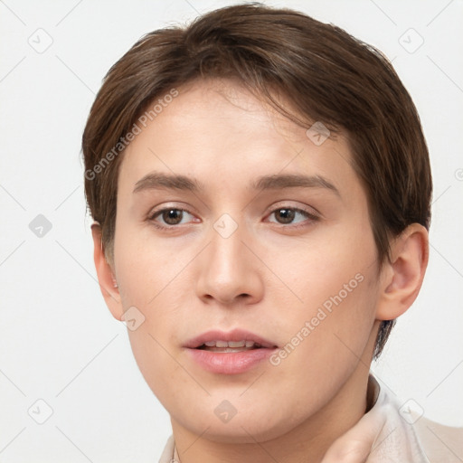 Neutral white young-adult female with short  brown hair and brown eyes