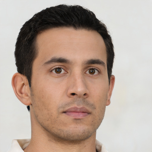 Neutral asian young-adult male with short  brown hair and brown eyes