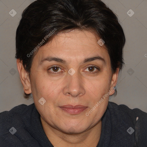 Joyful white adult female with short  brown hair and brown eyes