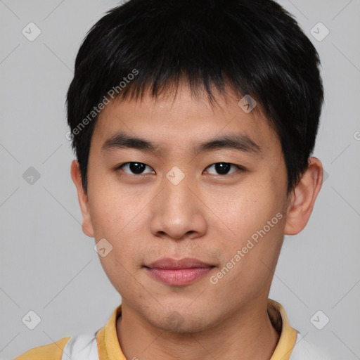 Neutral asian young-adult male with short  brown hair and brown eyes