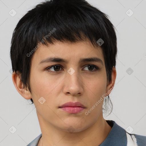 Neutral white young-adult female with short  brown hair and brown eyes