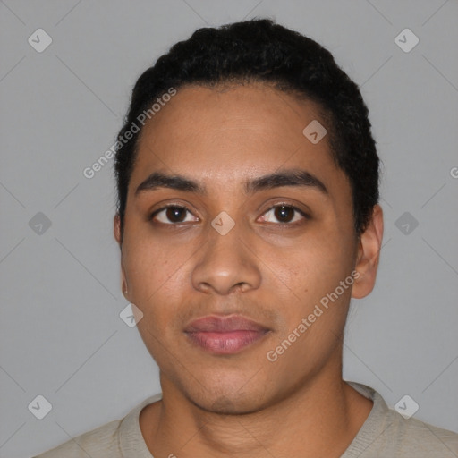 Neutral latino young-adult male with short  black hair and brown eyes