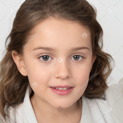 Joyful white child female with medium  brown hair and brown eyes