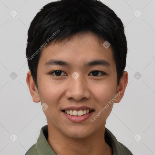 Joyful asian young-adult male with short  black hair and brown eyes