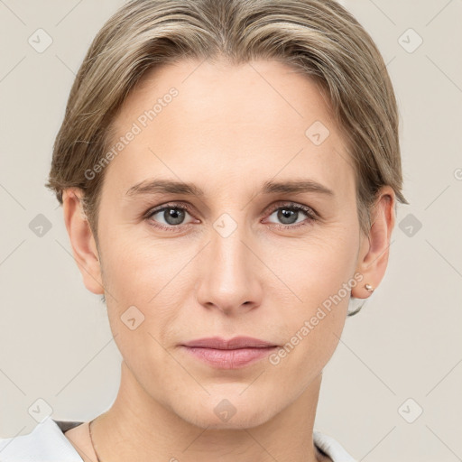 Joyful white young-adult female with short  brown hair and grey eyes