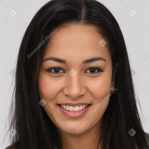 Joyful asian young-adult female with long  brown hair and brown eyes