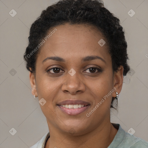 Joyful latino young-adult female with short  brown hair and brown eyes