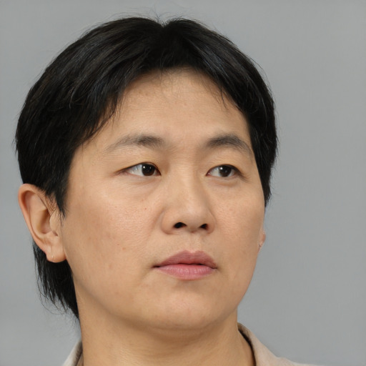 Neutral asian adult male with medium  brown hair and brown eyes
