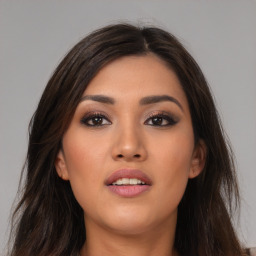 Neutral asian young-adult female with long  brown hair and brown eyes