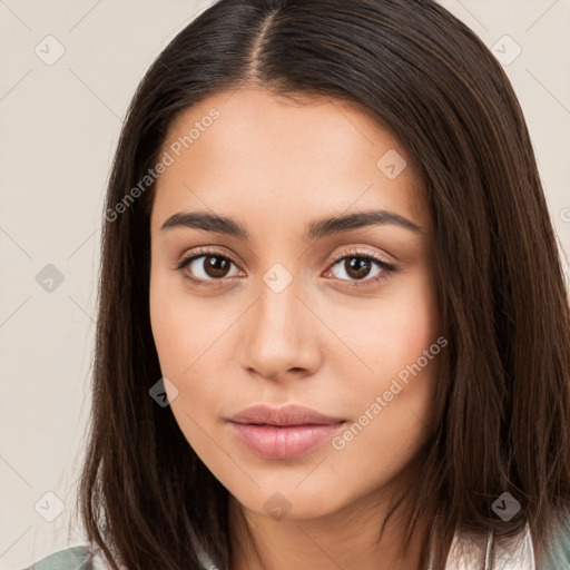 Neutral white young-adult female with long  brown hair and brown eyes